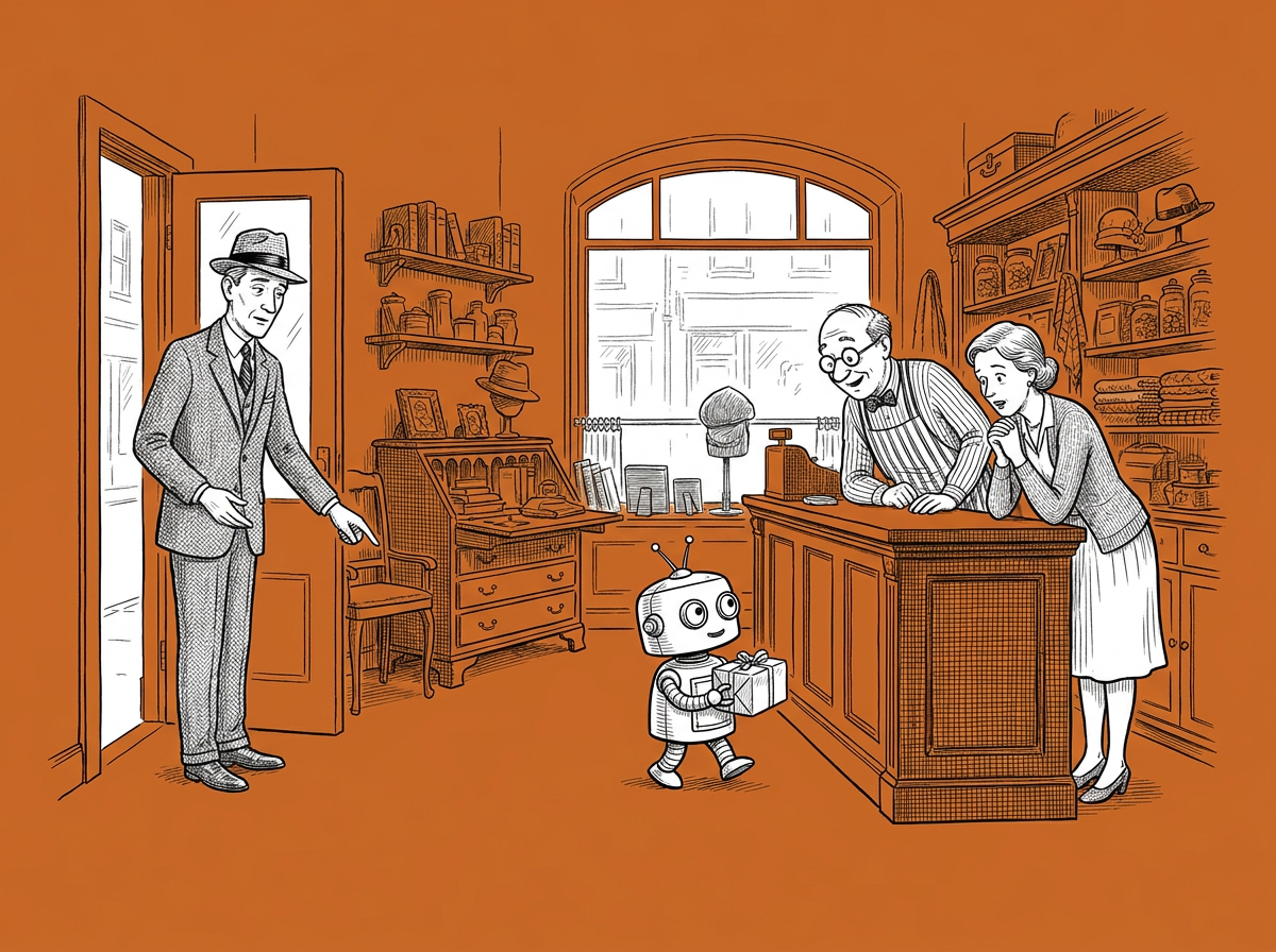 Editorial pen-and-ink cartoon on terracotta ground: a customer at the shop door delegating a jacket return to a small AI agent while two merchants behind the counter look on in surprise.