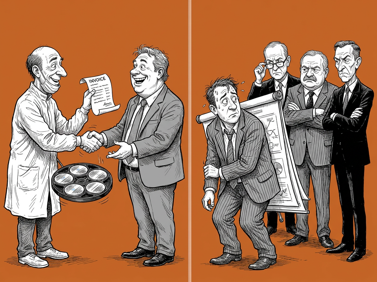 Editorial pen-and-ink cartoon on terracotta ground: a chip foundry manager delivering silicon wafers on the left while a data-center executive hides a shelved IPO easel before skeptical bankers on the right.