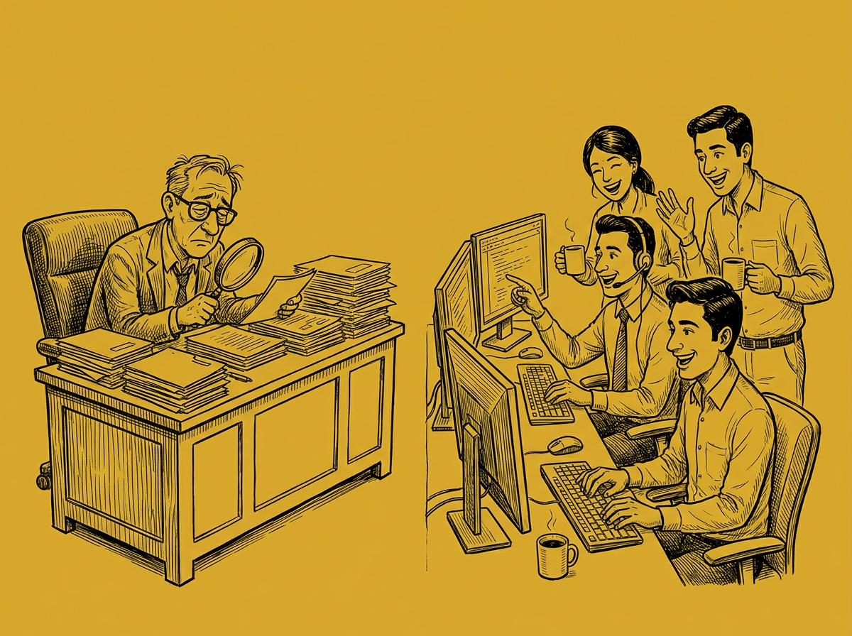 Editorial pen-and-ink cartoon on mustard ground: a US bureaucrat inspecting files from 8 companies with a magnifying glass while Indian software engineers in Bengaluru ship code on a video call.