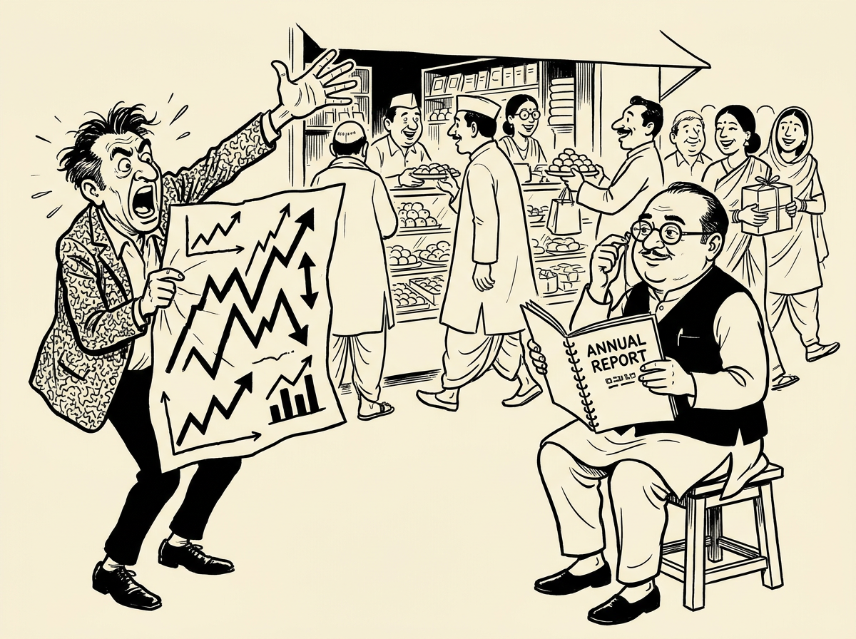 Editorial pen-and-ink cartoon: a loud street barker shouting daily price swings on the left while a calm investor reads an annual business report outside a thriving Indian shop on the right.